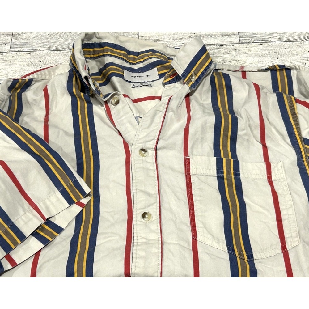Urban Outfitters Mens White Red Blue Yellow Stripe Button Short Sleeve Shirt MED